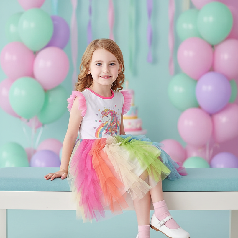 rainbow unicorn ball gown sleeveless dress - sitting