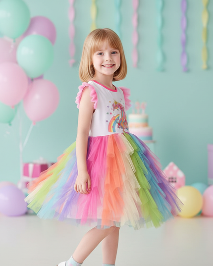 rainbow unicorn ball gown sleeveless dress - three-quarter