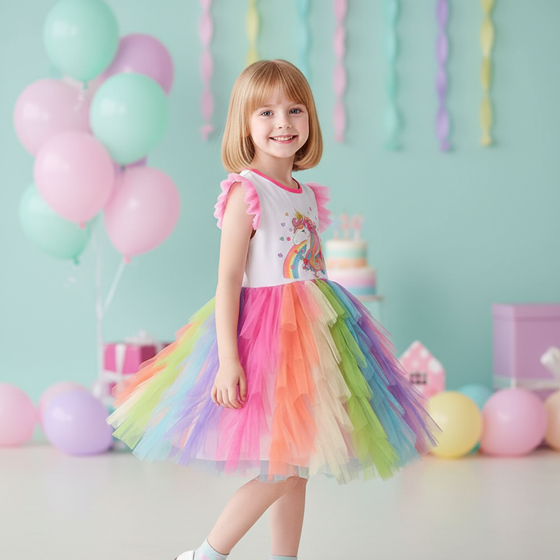 rainbow unicorn ball gown sleeveless dress - three-quarter