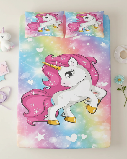 rainbow unicorn bed sheet set - flat-lay
