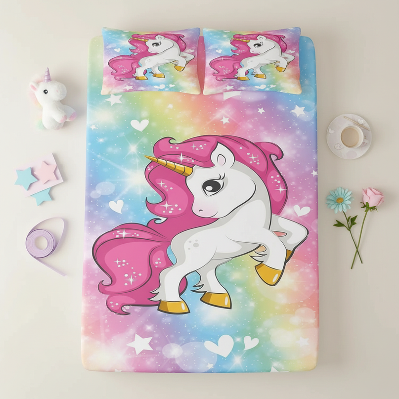 rainbow unicorn bed sheet set - flat-lay