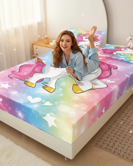 rainbow unicorn bed sheet set - in-use