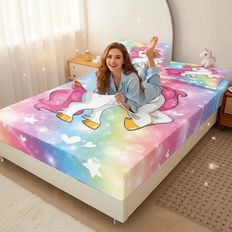 rainbow unicorn bed sheet set - in-use