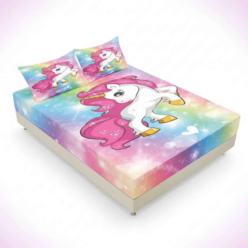 rainbow unicorn bed sheet set - white-bg