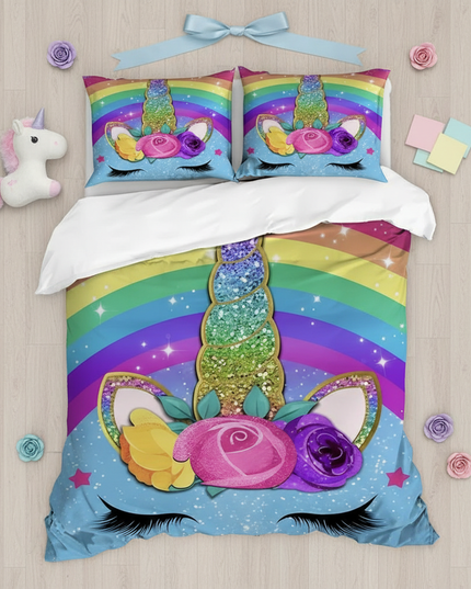 rainbow unicorn bedding - flat-lay