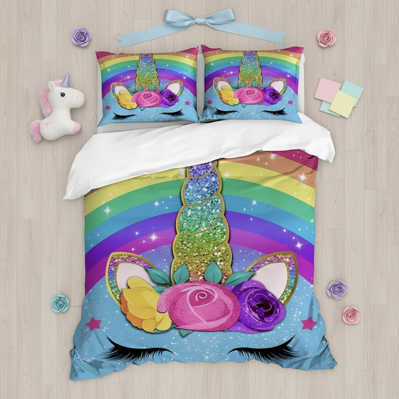 rainbow unicorn bedding - flat-lay