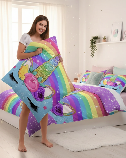 rainbow unicorn bedding - in-use