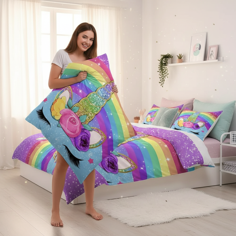 rainbow unicorn bedding - in-use