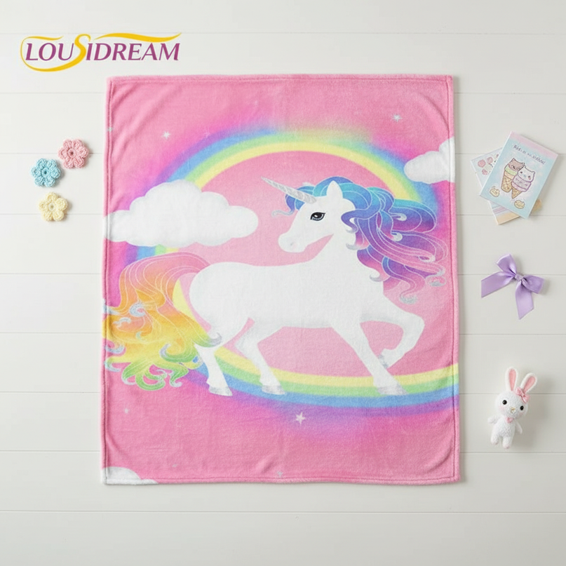 rainbow unicorn blanket - flat-lay