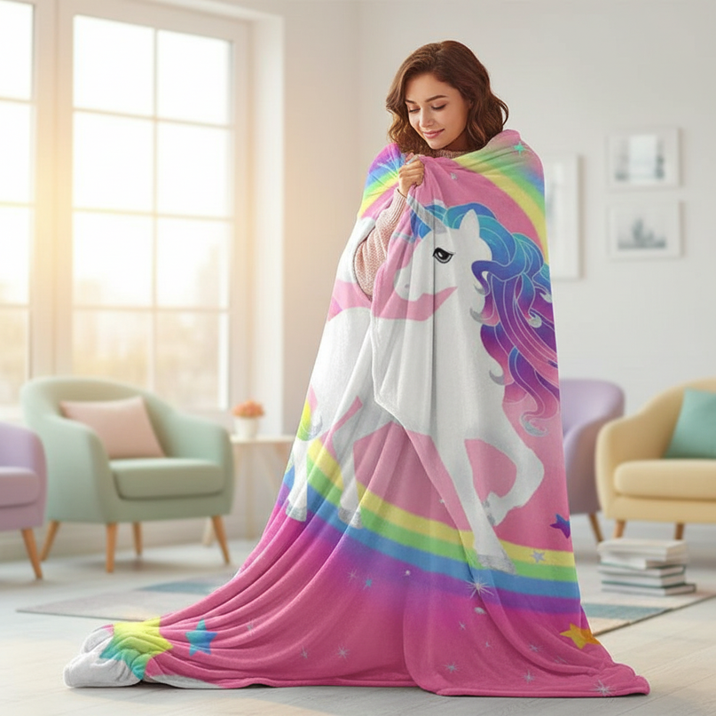 rainbow unicorn blanket - in-use