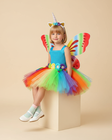 rainbow unicorn butterfly dress set - sitting