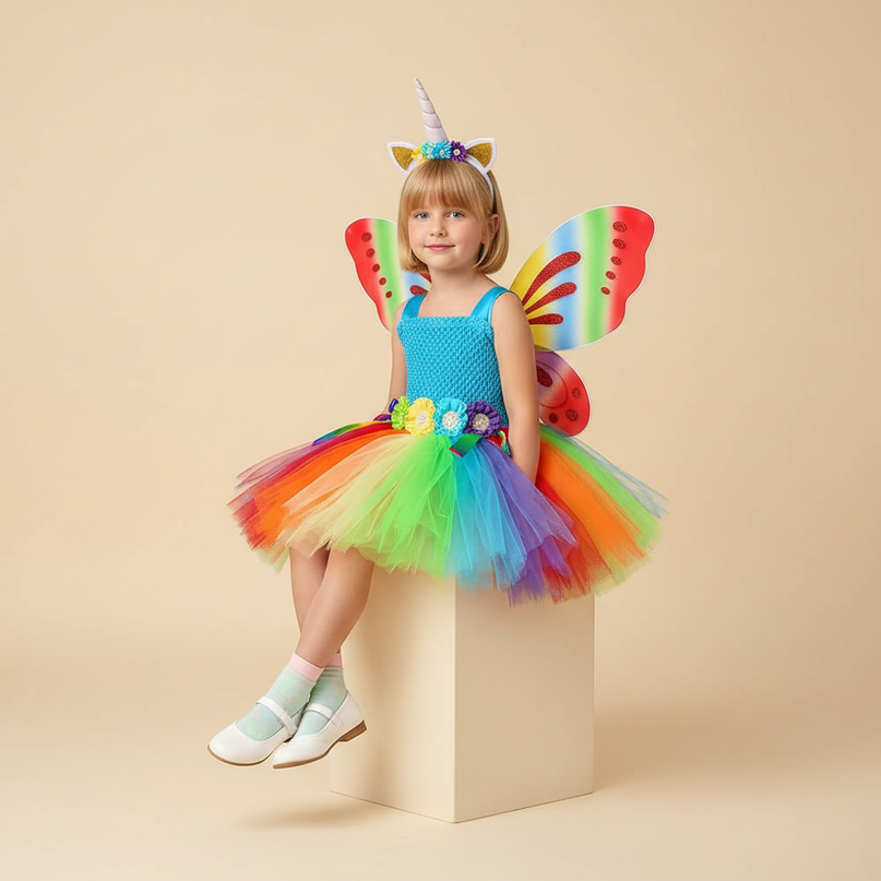 rainbow unicorn butterfly dress set - sitting