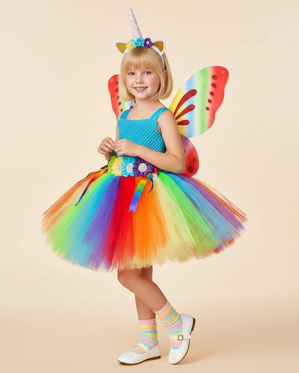 rainbow unicorn butterfly dress set - three-quarter