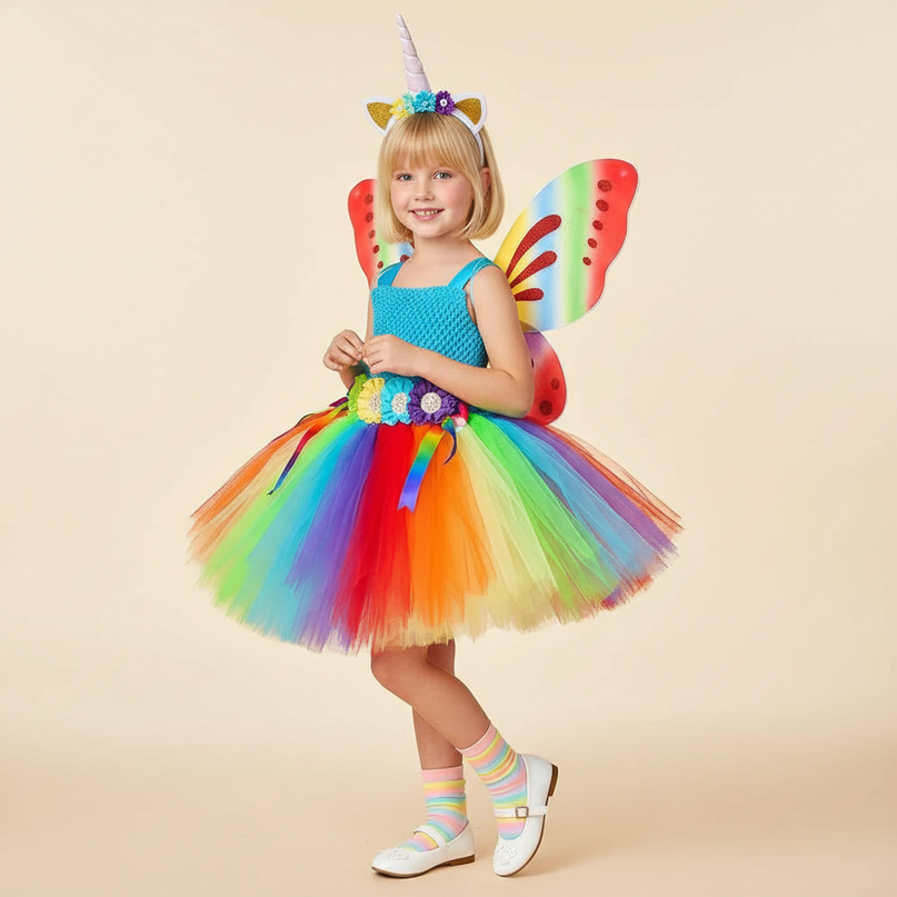 rainbow unicorn butterfly dress set - three-quarter
