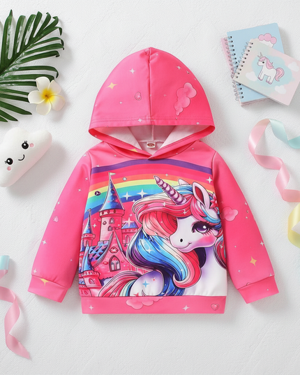 rainbow unicorn castle hoodie kids - flat-lay