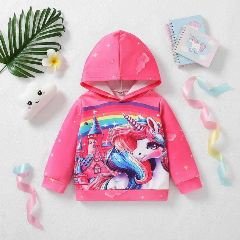 rainbow unicorn castle hoodie kids - flat-lay