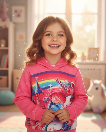 rainbow unicorn castle hoodie kids - in-use