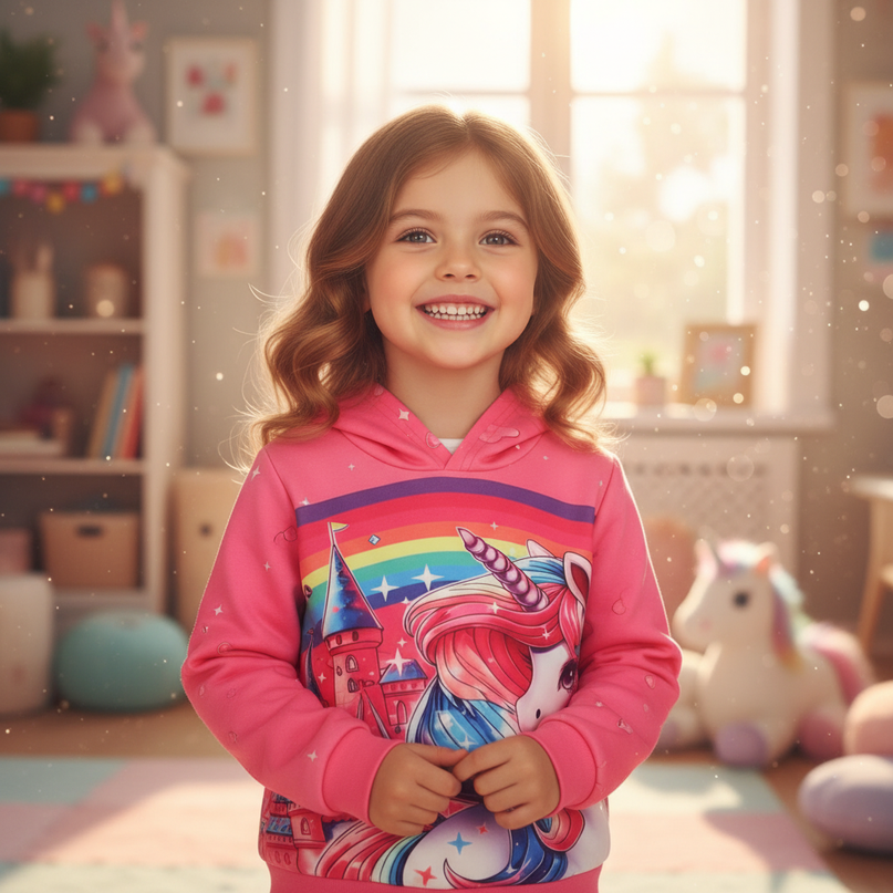 rainbow unicorn castle hoodie kids - in-use