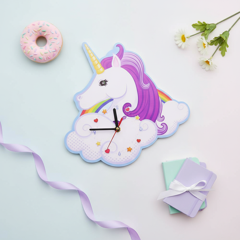 rainbow unicorn clock - flat-lay