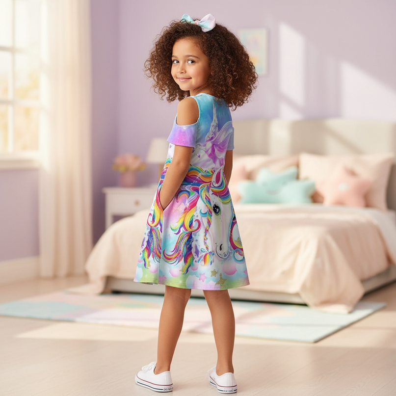 rainbow unicorn cold shoulder dress - back
