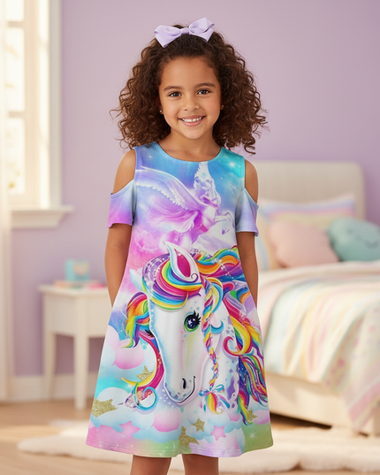 rainbow unicorn cold shoulder dress - detail