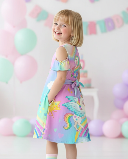 rainbow unicorn cold shoulder dress girls - back