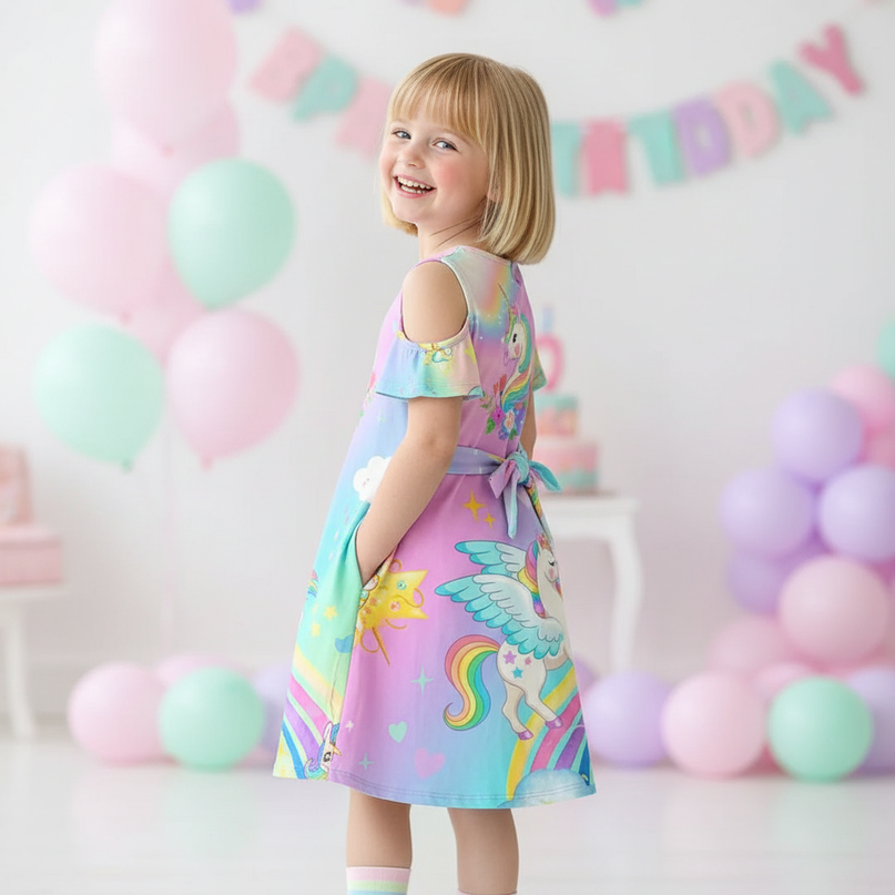 rainbow unicorn cold shoulder dress girls - back