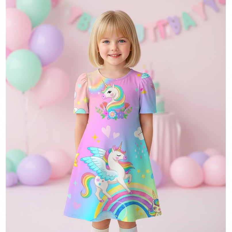 rainbow unicorn cold shoulder dress girls - detail