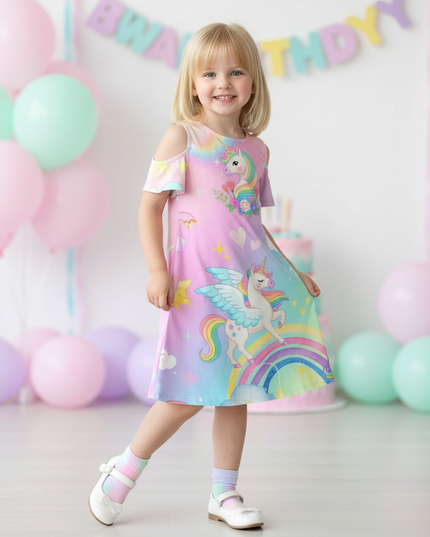 rainbow unicorn cold shoulder dress girls - front