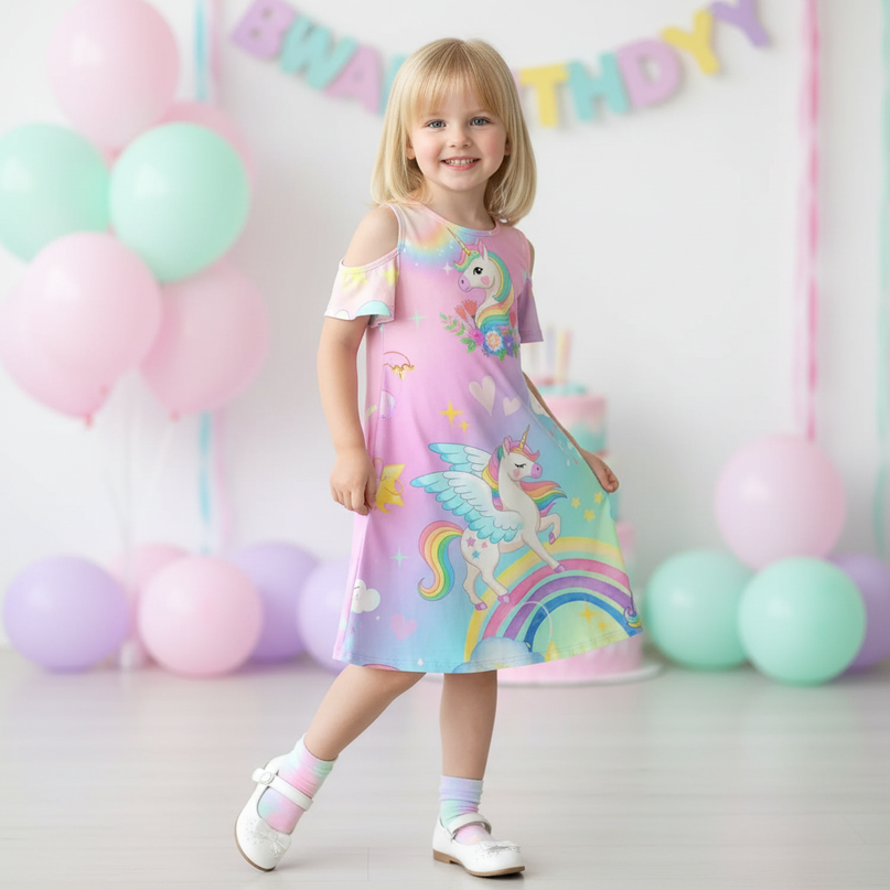 rainbow unicorn cold shoulder dress girls - front