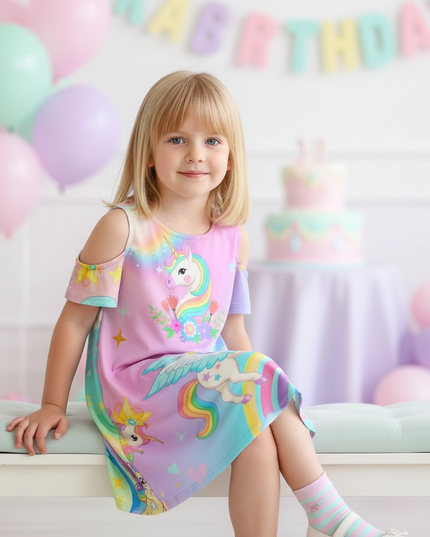 rainbow unicorn cold shoulder dress girls - sitting