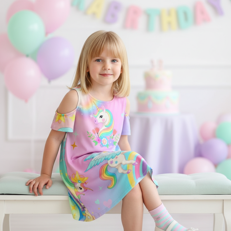 rainbow unicorn cold shoulder dress girls - sitting