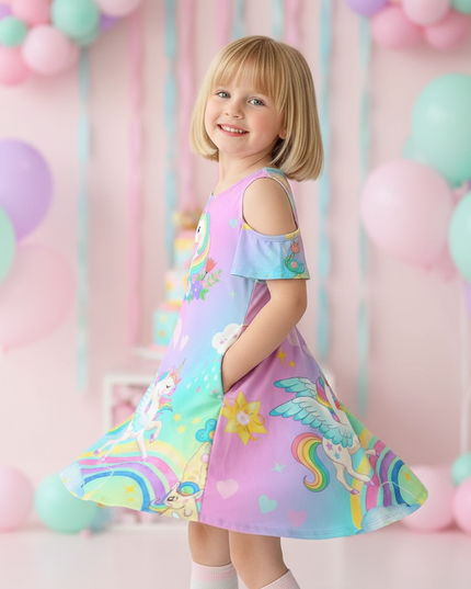 rainbow unicorn cold shoulder dress girls - three-quarter
