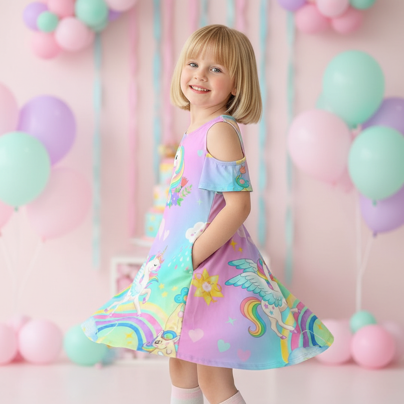 rainbow unicorn cold shoulder dress girls - three-quarter