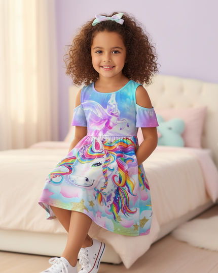 rainbow unicorn cold shoulder dress - sitting