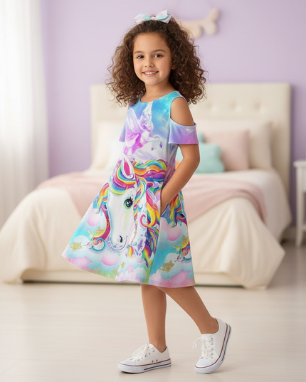 rainbow unicorn cold shoulder dress - three-quarter