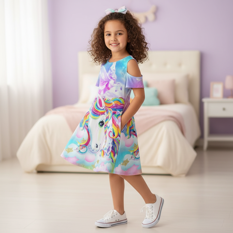 rainbow unicorn cold shoulder dress - three-quarter