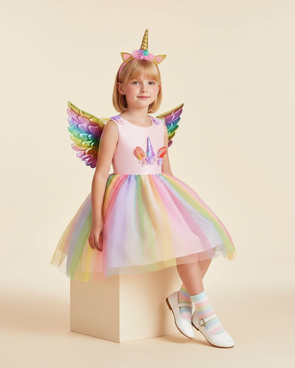 rainbow unicorn costume dress girls - sitting