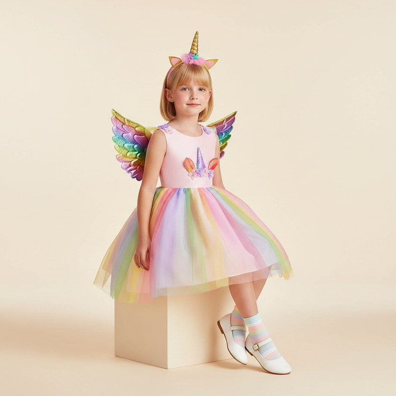 rainbow unicorn costume dress girls - sitting