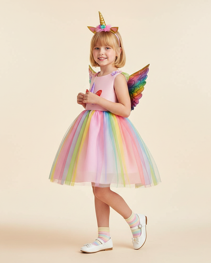 rainbow unicorn costume dress girls - three-quarter