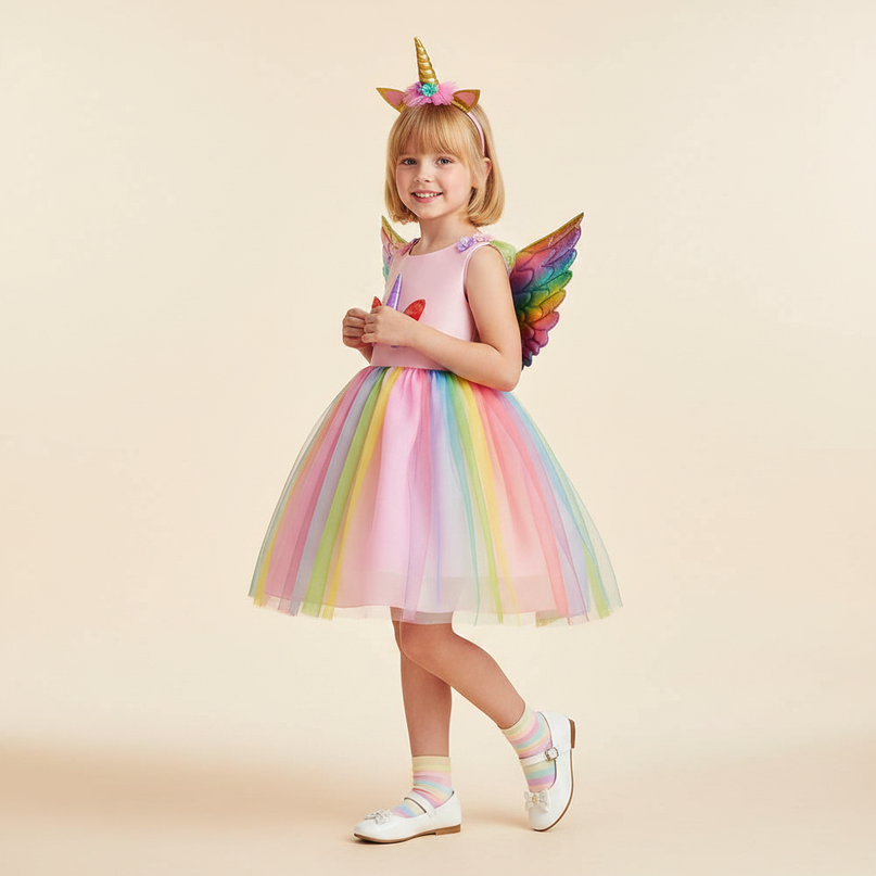rainbow unicorn costume dress girls - three-quarter