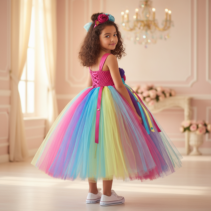 rainbow unicorn crochet ball gown dress - back