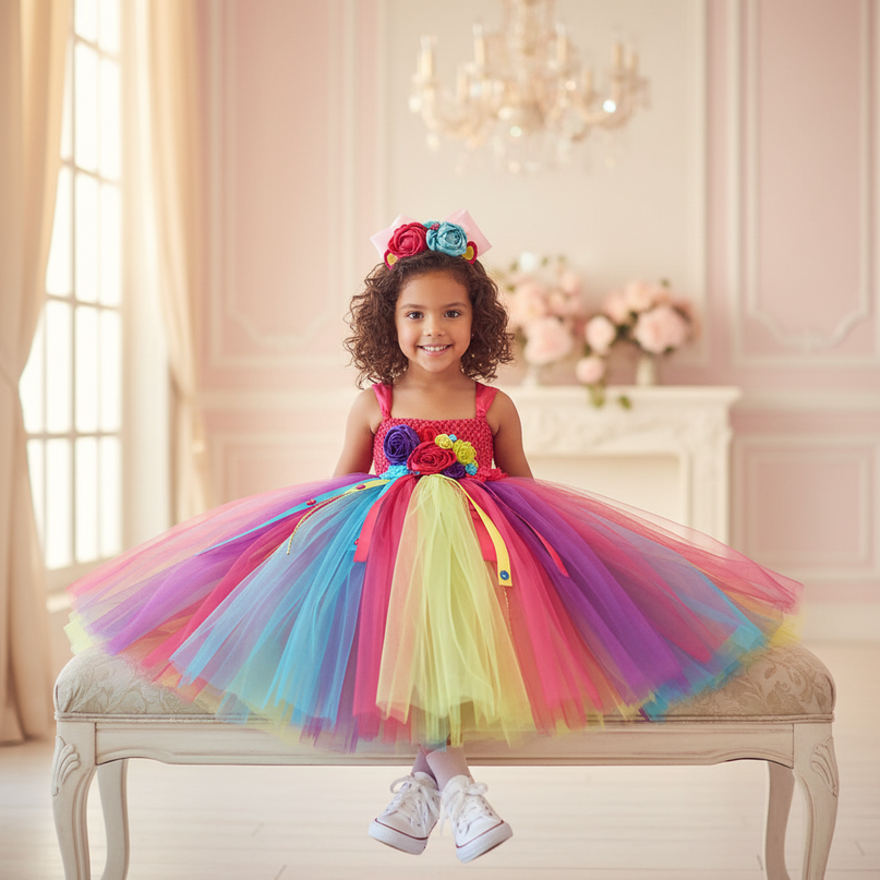 rainbow unicorn crochet ball gown dress - sitting