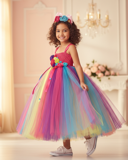 rainbow unicorn crochet ball gown dress - three-quarter
