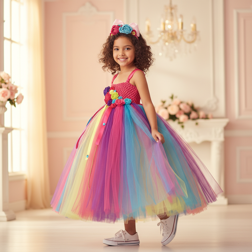 rainbow unicorn crochet ball gown dress - three-quarter