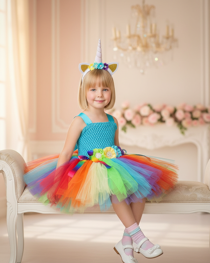 rainbow unicorn crochet tutu dress - sitting