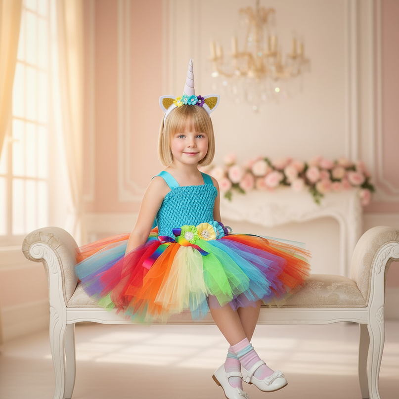 rainbow unicorn crochet tutu dress - sitting