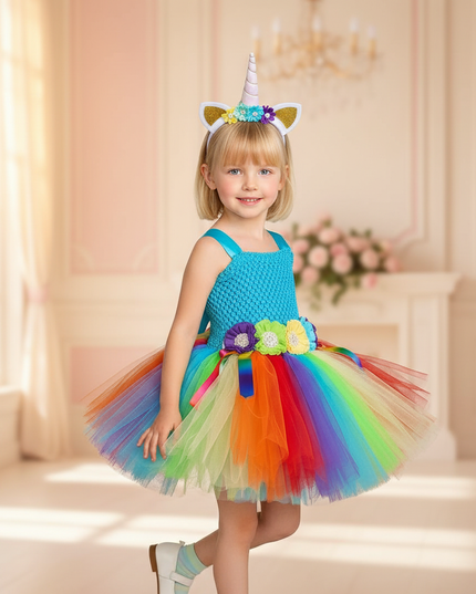 rainbow unicorn crochet tutu dress - three-quarter