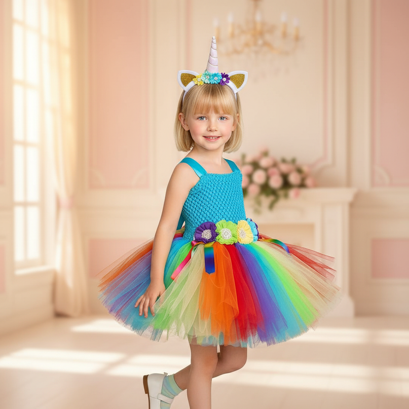 rainbow unicorn crochet tutu dress - three-quarter