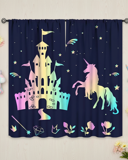 rainbow unicorn curtains - flat-lay